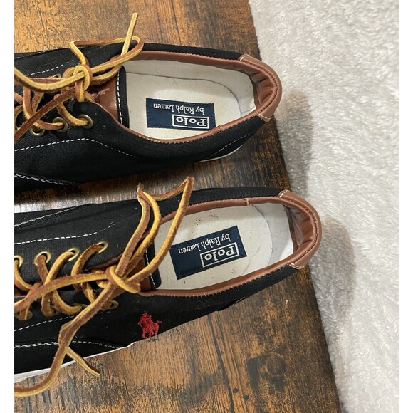 Polo Ralph Lauren Vaughn Mens Shoes 13D Black Canvas Leather Lace Preppy Low Top - Picture 6 of 16
